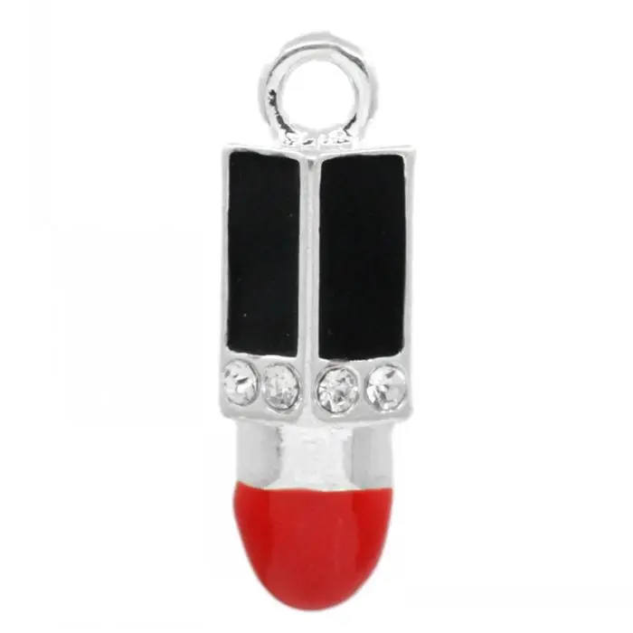 

Retail Charm Pendants Lipstick Silver Plated Enamel Red & Black W/Rhinestone 25x8.5mm,10PCs