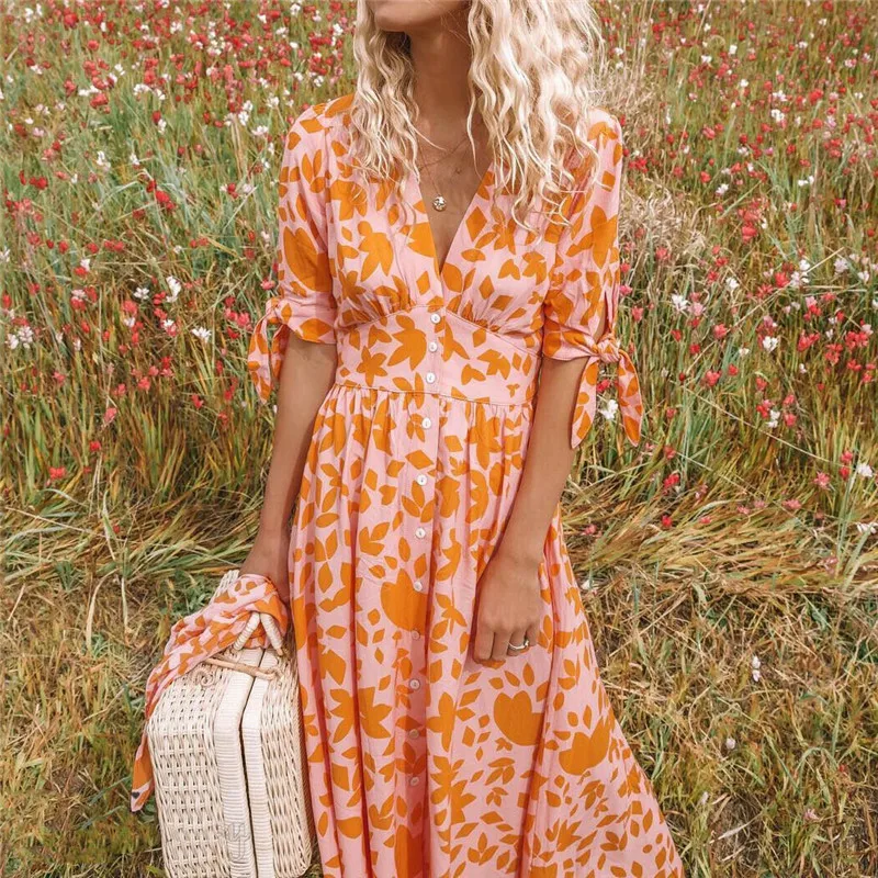 Frauen Boho прядь дошкольного urlaub Urlaub цветочный Kleid элегантные Damen kurzarm шеи Hohe