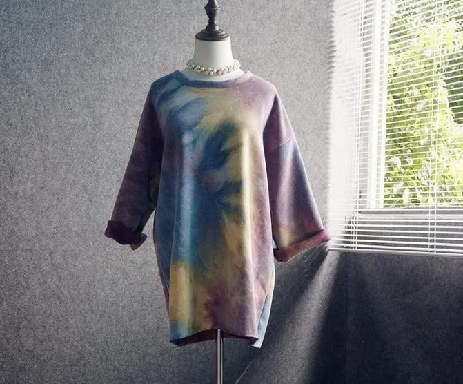 Корейская мода tie-dye градиентная просторная Толстовка свитер Женская Радуга Весна Осень Толстовка AW435