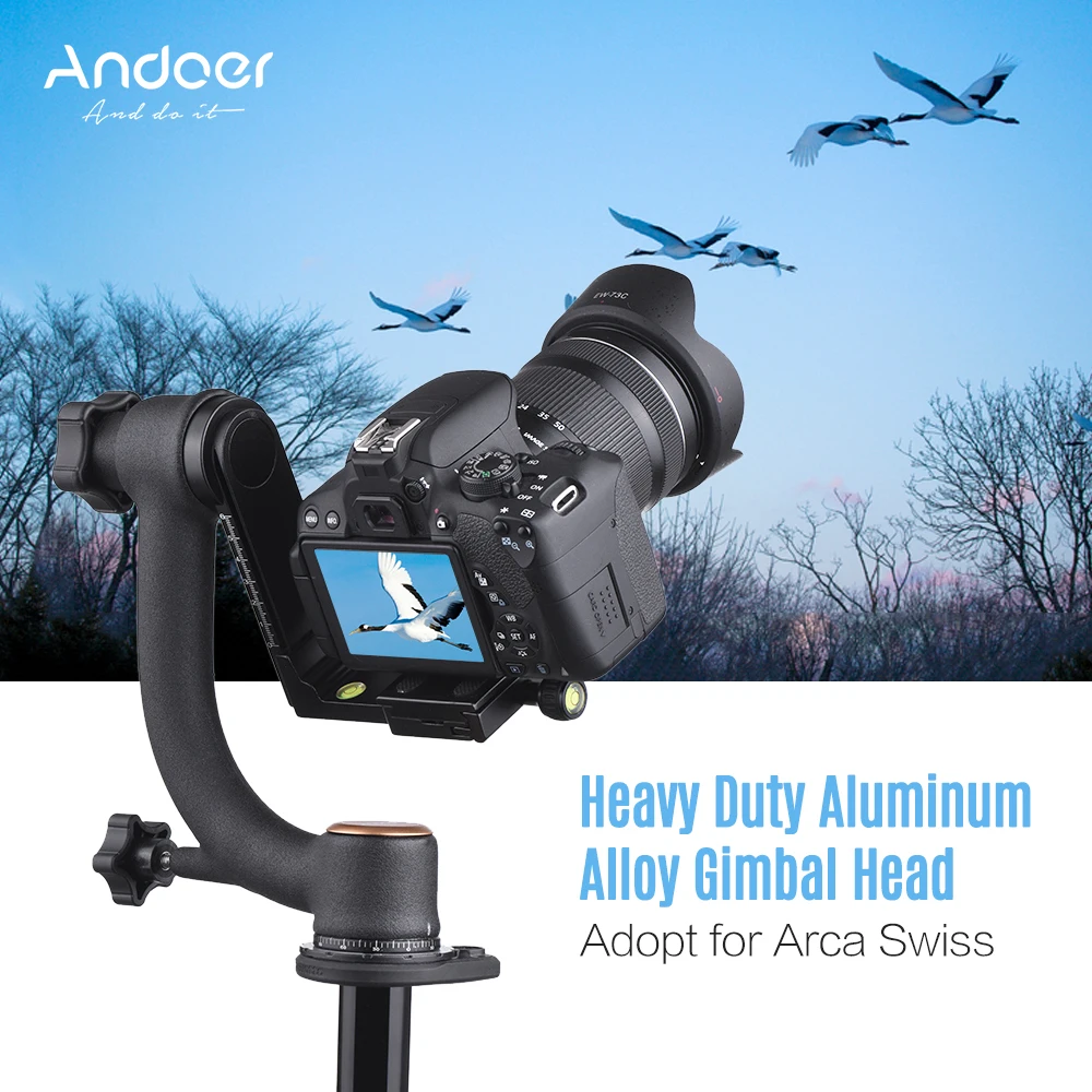 Andoer Aluminum Alloy Gimbal Head Pan Tilt Tripod Head Adopt for Arca