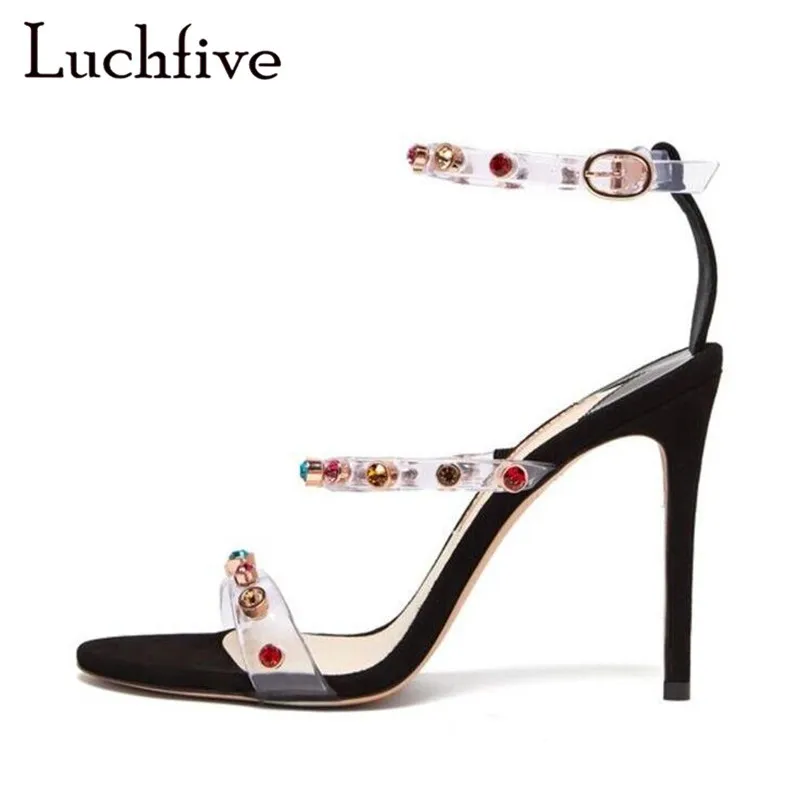 

Rivets Crystal Clear Three Belts Women Sandals Thin High Heels Buckle Strap Open Toe Shoes Woman Black Sexy Sandals Feminina
