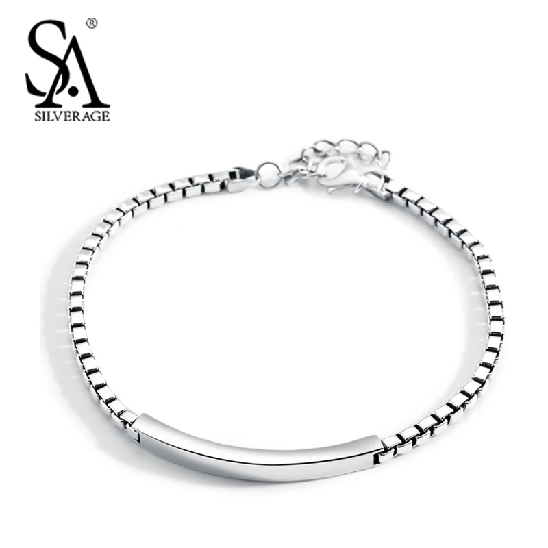 

SA SILVERAGE 925 Sterling Silver Bracelets & Bangles Long Bar for Men Vintage 3mm Thick Chain Bracelet Fine Jewelry