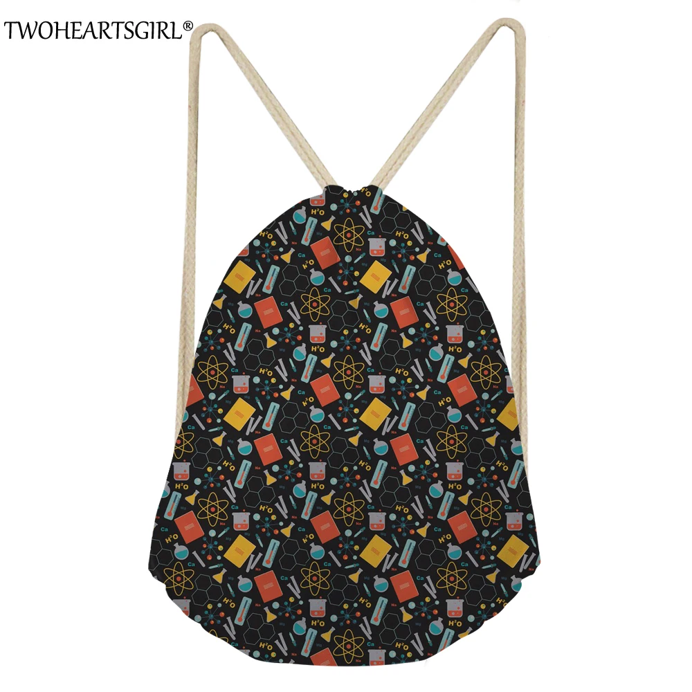 TWOHEARTSGIRL ученый Pattern Drawstring сумки для Для женщин путешествия рюкзак пляжные сумки для девочек мультфильм пакеты для хранения