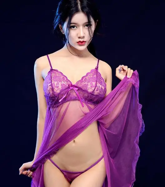 Women Lingerie Sexy Lace Sheer + G-string Sleepwear Nightgown