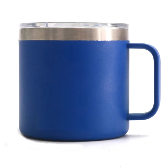 14 унций нержавеющая сталь рукоятка кружки с вакуумной изоляцией кофейная кружка с крышкой, двойная стенка вакуумная герметичная чашка для кемпинга - Цвет: blue