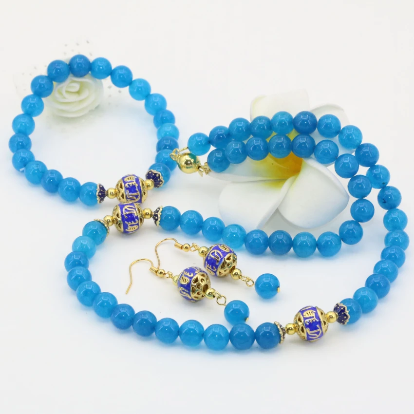 New arrival special design top quality blue aquamarine jasper round beads 8mm necklaces bracelets earrings jewelry set B2682