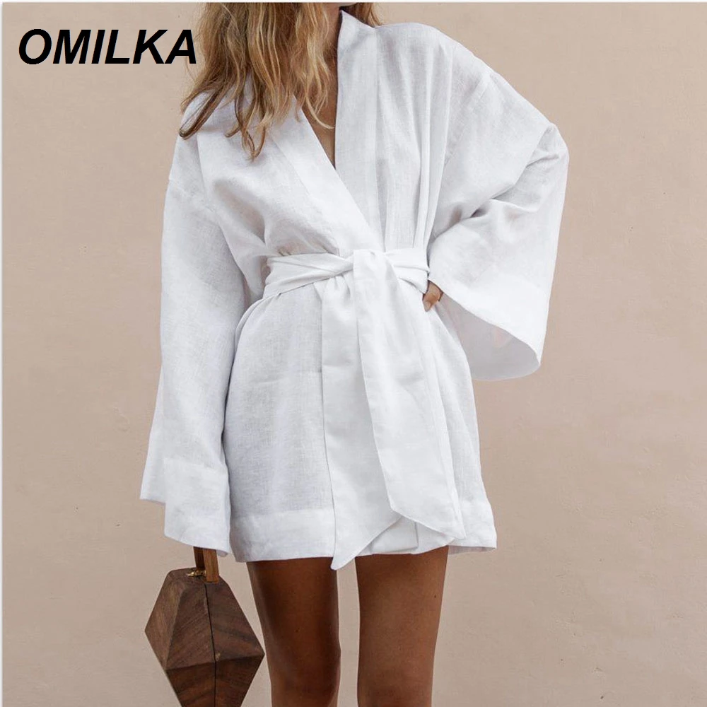 

OMILKA 2019 Summer Women's V-Neck Kimono Cardigan Mini Dress White Cotton Linen Loose Long Sleeve Sashes Lace Up Bandage Dresses