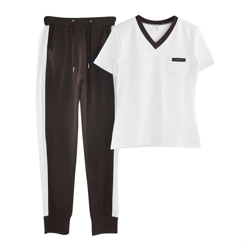 Taotrees наряд спортивный костюм спортивная одежда для женщин v-образный вырез с коротким рукавом топы и брюки комплект из 2 предметов женская летняя одежда - Цвет: Coffee