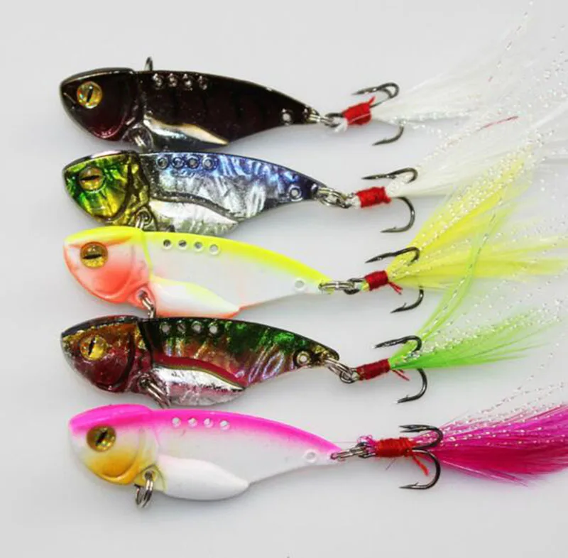 5Pcs Metal Vib Fish Lure 5cm 11g With Feather Jigging Bait Spinner