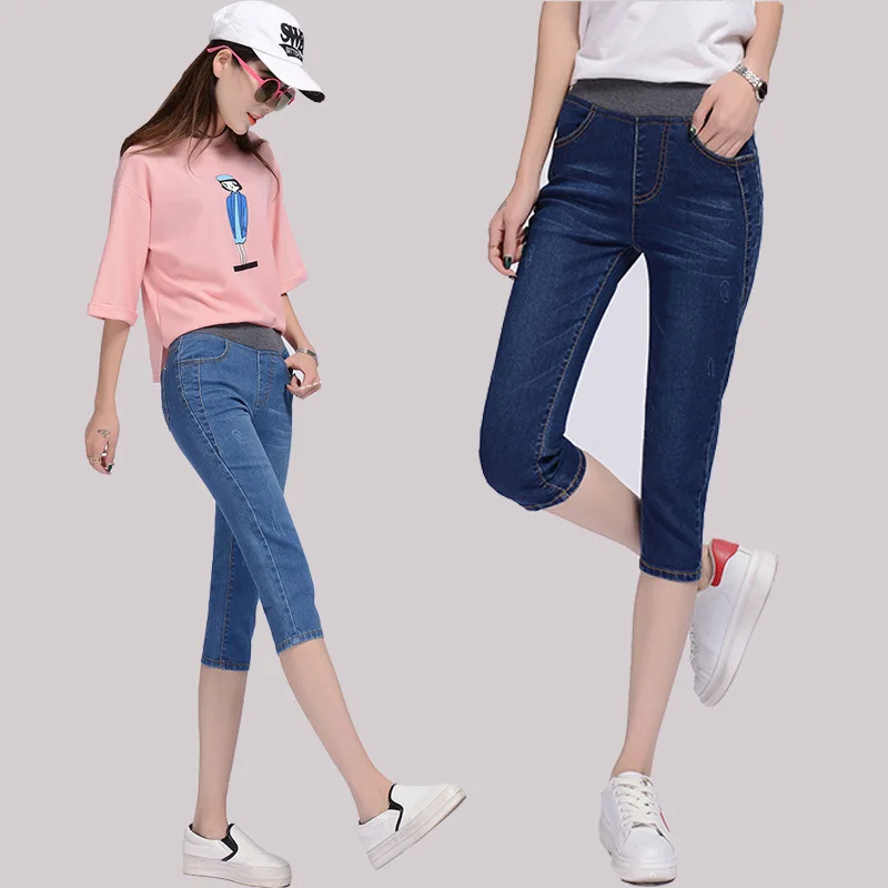 WKOUD Plus Size Women Jeans Capris Summer Calf-length Pencil Pants Stretch High Waist Denim Trousers Mom Jean Casual Pants P9079