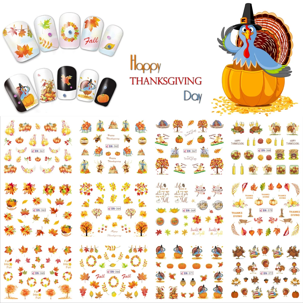 12 sheets thanksgiving day nail art water transfer sticker christmas water decals nails