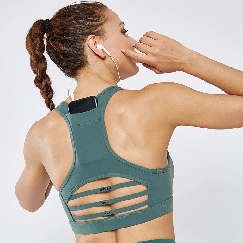 

Back Pocket Sports Bra Mesh Patchwork Breathable Crop Top Yoga Vest High Impact Shockproof Running Bra Fitness Workout Gymwear