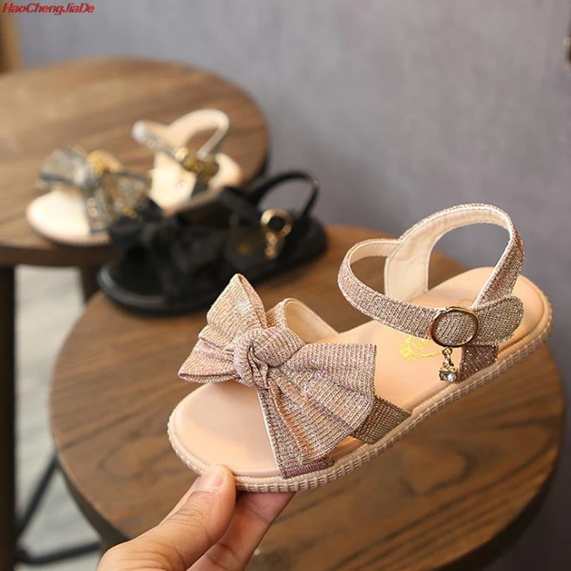 

HaoChengJiaDe Pink Summer Sandals For Girls Baby Bow Beach Sandals Toddler Children Floral Casual Single Dress Shoes