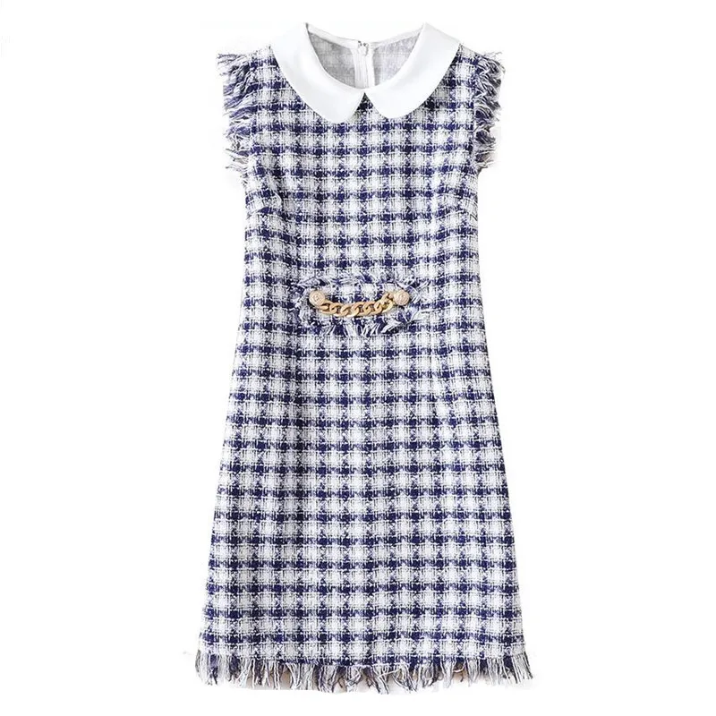 

2019 New Fashion Plaid Wool Tweed Dresses Women's Sleeveless Metal Chain Peter Pan Collar Runway Tassel Dress Ladies Mini Dress
