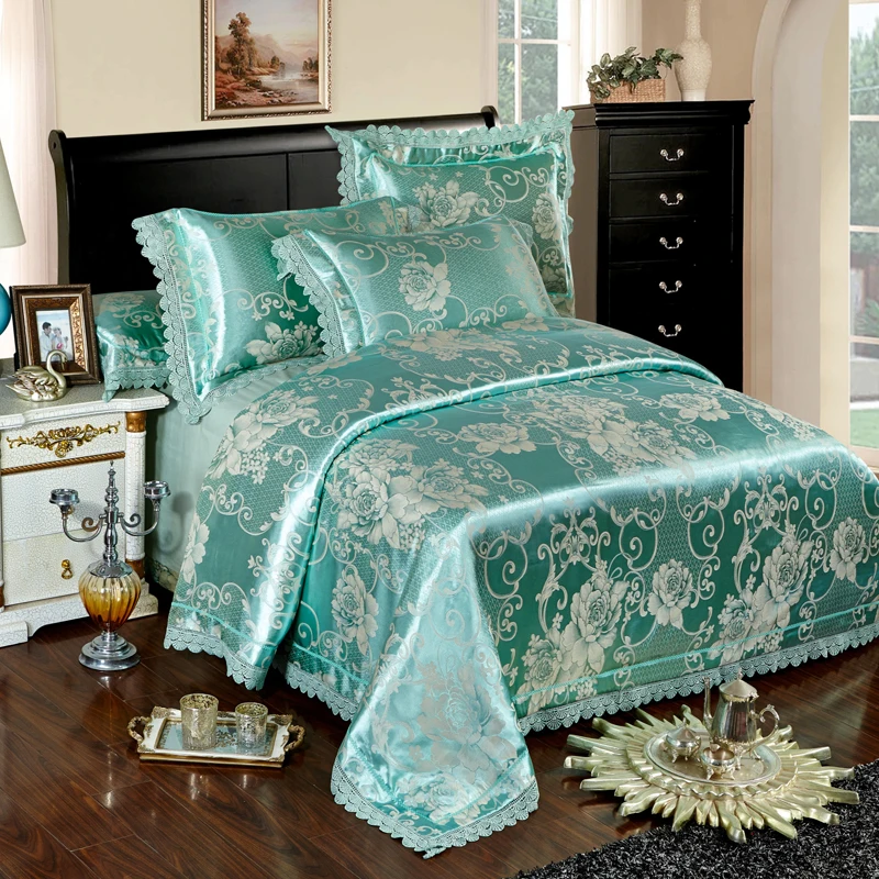 Waliicorners 4-Pcs gold silver lace Jacquard Bed Cover Queen King Size Luxury Bedding Set Silky Bedclothes Duvet Cover Bed Sheet set 49
