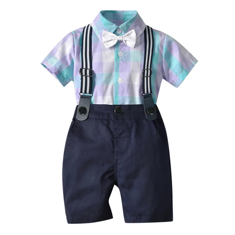 Summer Infant Детский «джентльменский» костюм для маленьких мальчиков в клетку с бантом Рубашка с галстуком Подтяжки комплект шорт для малышей Детская одежда F1