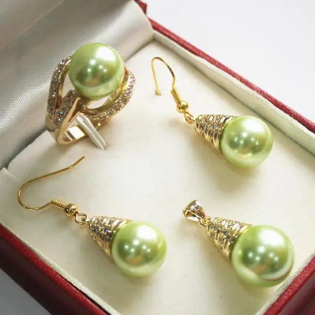 

hot sell new - beautiful new jewelry green 18KGP + 12mm shell pearl pendant, earring, , ring set