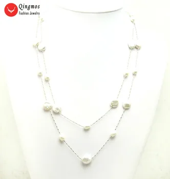 

Qingmos Float Natural Pearl Necklace for Women with 6-7mm White Rice & Coin Pearl 46" Sweater Chain Long Necklace Jewelry n6477