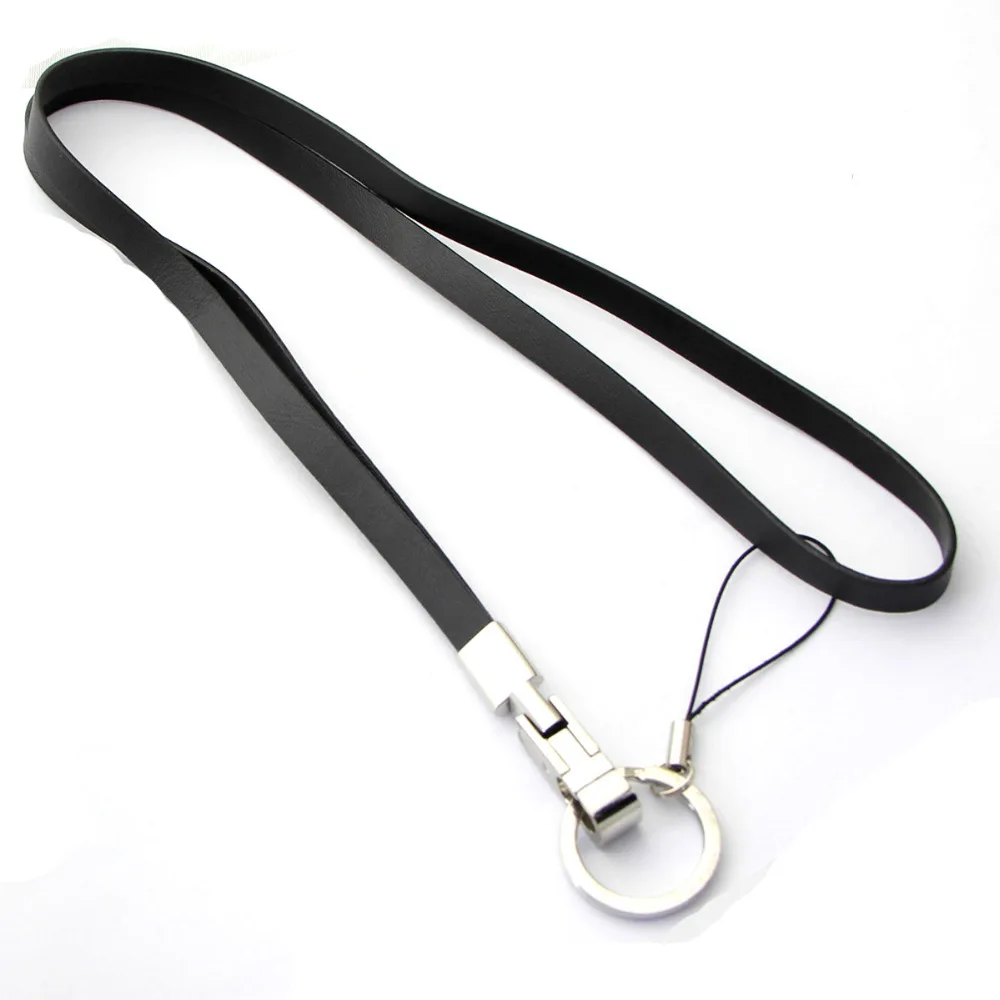 Metal Buckle Leather Cell Phone Dangle Neck Strap Lanyard BLACKin