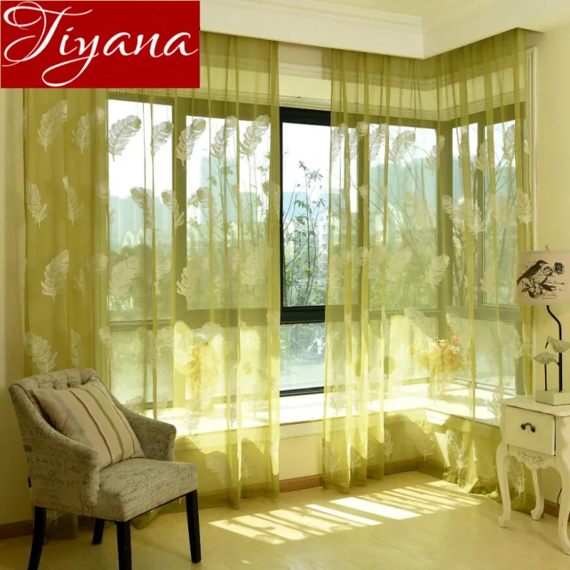 

Feather Curtains White Embroidered Voile Window Curtain Living Room Kitchen Tulle Curtain Green Fabrics Sheer Cortinas T&345#30