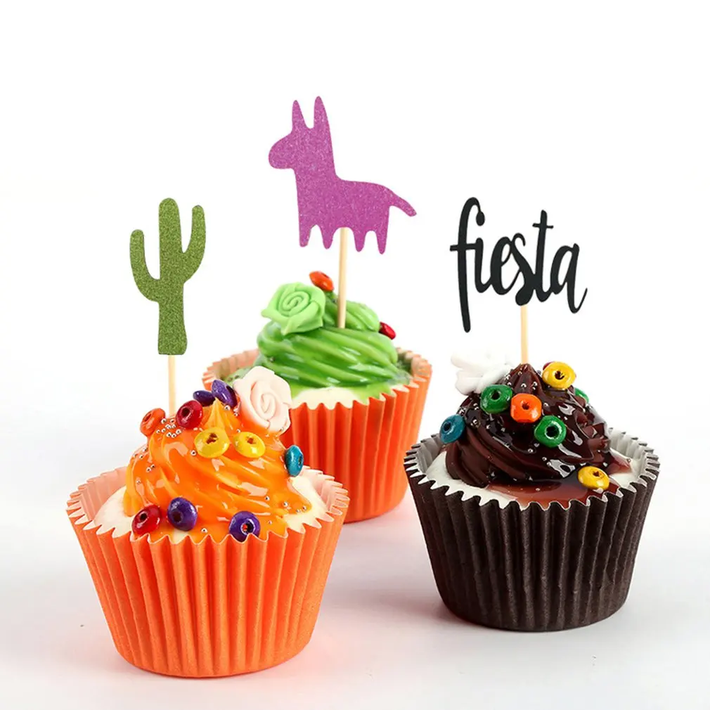 24/Pack of Mexican Carnival Theme Party Decorating Cake Insert Cactus Alpaca Fiesta Hat