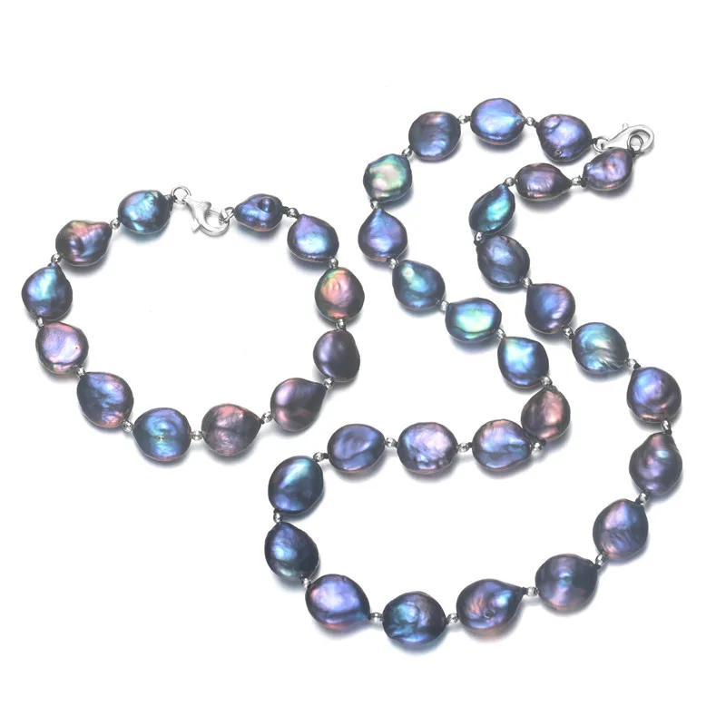 

SNH 12-13mm Dyed peacock color coin shape Pearl Jewelry Set Natural Fresh Water Pearl Necklace and Bracelet