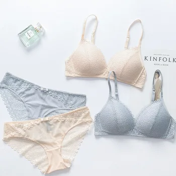 

Wasteheart New Women Fashion Gray Wireless Bra Sets Lace Trim Lingerie Straps Cotton Panties Sexy Lingerie Sets Plus Size