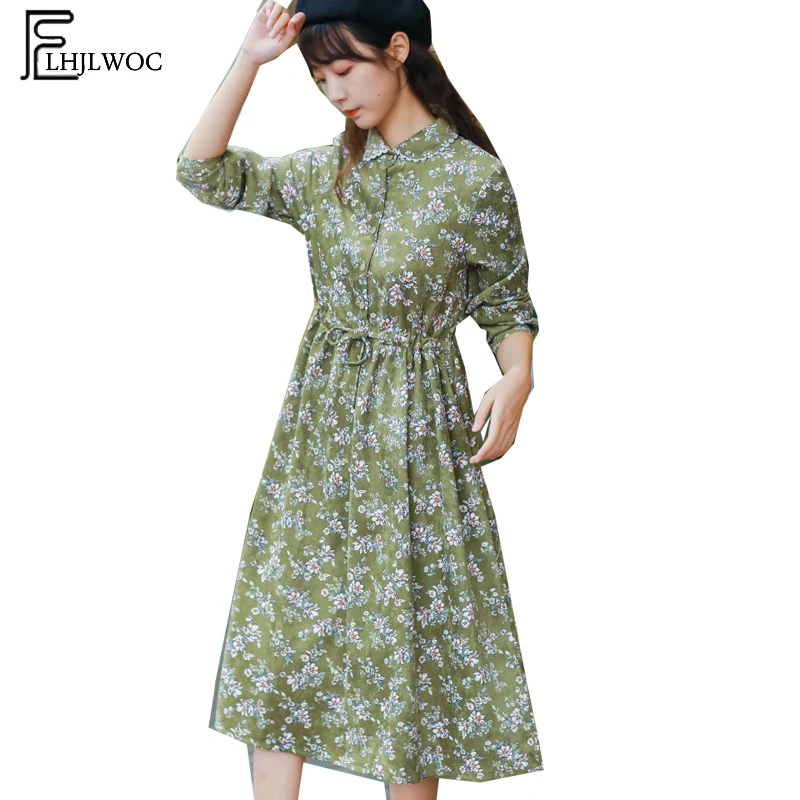 

Cotton Vintage Dresses Hot Sales Women Fashion Long Sleeve Slim Waist A Line Peter Pan Collar Floral Printed Bow Tie Cute Dress