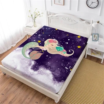 

Girls Princess Bed Sheet Mermaid Fish Printed Fitted Sheet Colorful Cartoon Ocean Design Sheets Deep Pocket Elastic Band