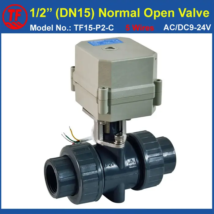 

PVC DN15 Normally Open Valve TF15-P2-C, BSP/NPT 1/2'' AC/DC9-24V 5 Wires With Signal Feedback 10NM On/Off 15 Sec Metal Gear CE