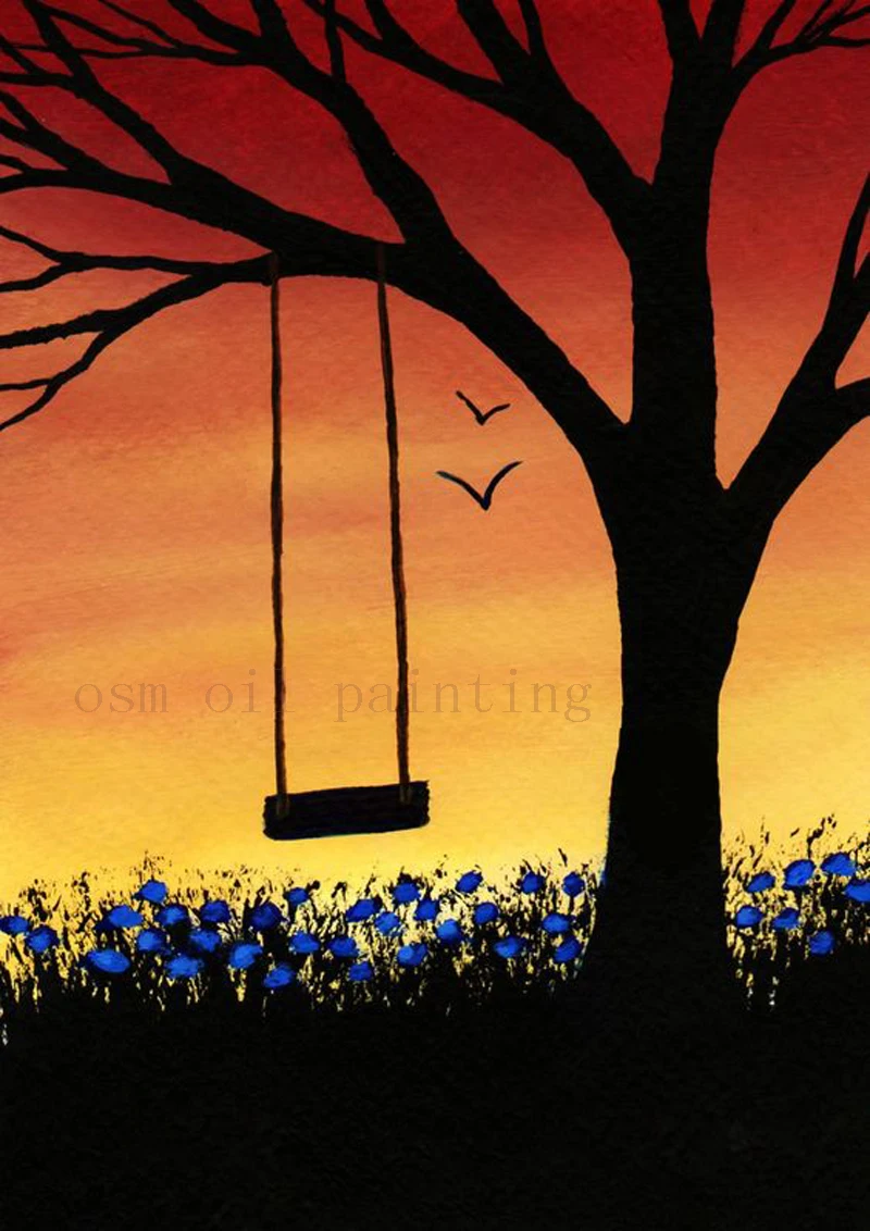Hand Painted Tree Swing Modern Folk Art Painting Last Days of Summer