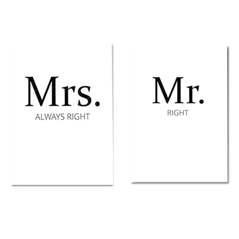 Черно белые кавычки холщовые картины Mr Right Mrs Always Couples настенные художественные