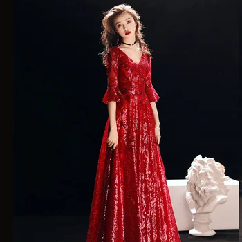 

Chinese Oriental Embroidery Cheongsam Long Evening Dress Elegant Princess Dresses Burgundy Qipao Wedding Summer Women Sexy