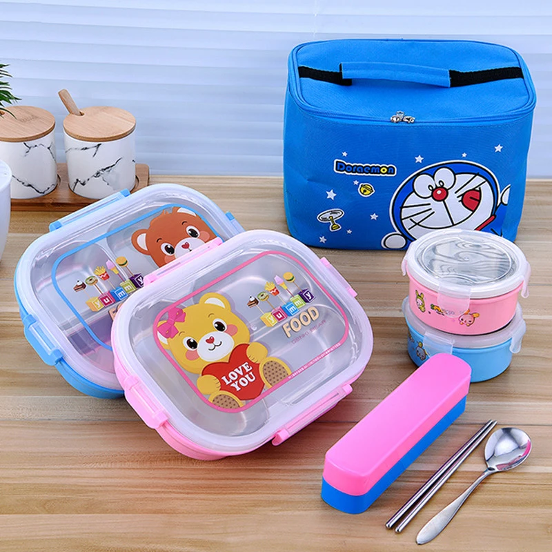 

304 Stainless Steel Cartoon Cute Lunch Box Children Divided Plate School Anti-scald For Kids Food Container Bento With Bag Bowl