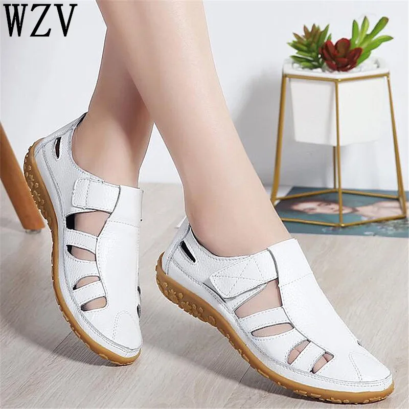 

Summer Shoes Women Beach Sandals Genuine Leather Women Gladiator Sandals Shoes Hollow out Casual Soft bottom Flat Sandals Ladies