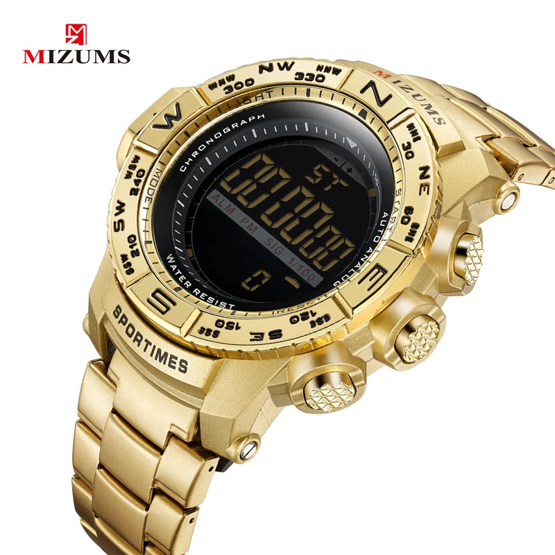 full golden steel band led digital watches for men cool big case sports watches waterproof military watch whoolesale drop shipping (1)