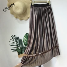 Осенне-зимние женские эластичные бархатные плиссированные юбки с завышенной талией пикантные вечерние Клубные элегантные винтажные тюлевые сетчатые Лоскутные миди юбки 82