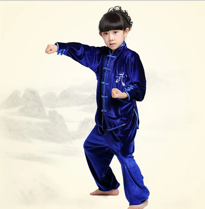 Children boy girl velvet thick Chinese traditional Wushu Costume Kimono clothing Kung Fu Suit Tai Chi Martial Art Uniform