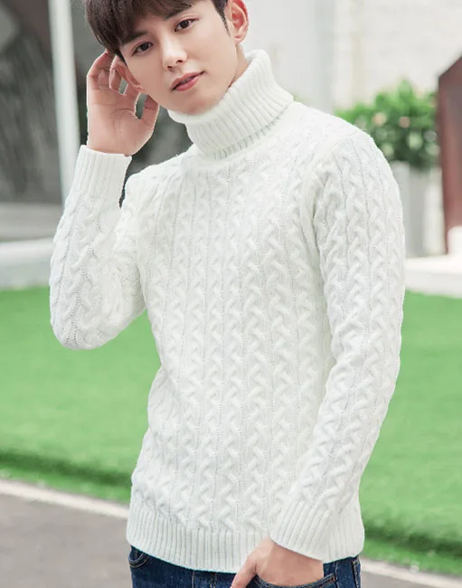 Мужской свитер с высоким воротом, Осень-зима, корейский стиль, Мужской пуловер, тонкий свитер для влюбленных, свитер для мальчиков-подростков, белый, красный, черный, синий - Цвет: Белый