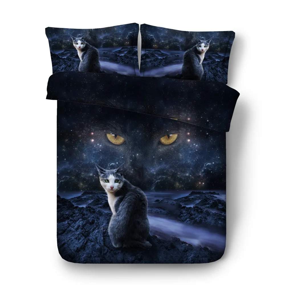 Mystic night sky and cat print duvet cover set 4/6pcs black cat bedding