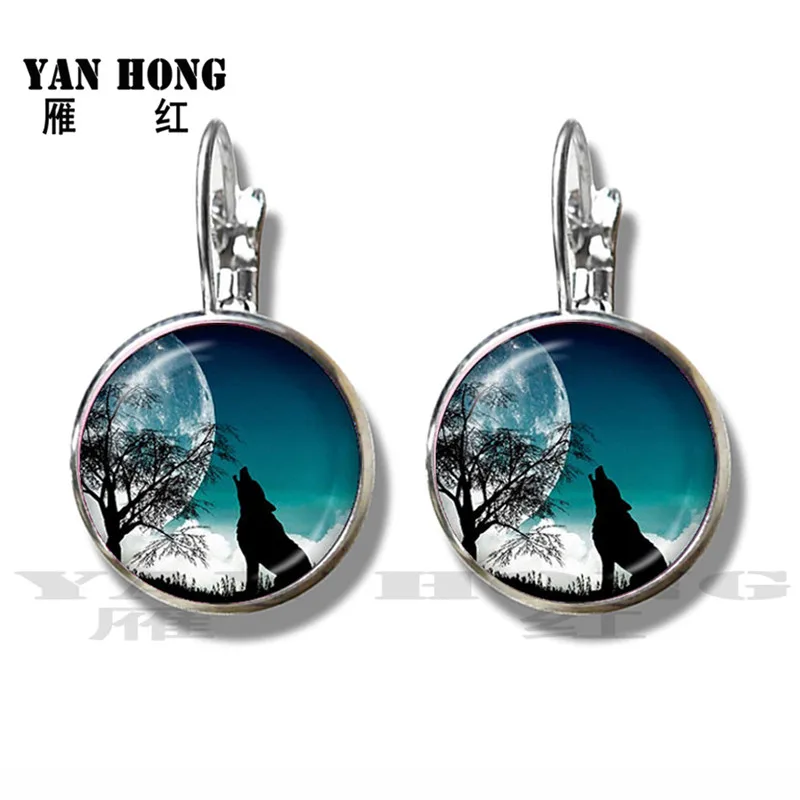 

Fashion Silver Plated Stud Earrings Wolf Head Pattern Glass Metal Buckle Punk Jewelry 16mm Glass Dome Earrings Charm For Women