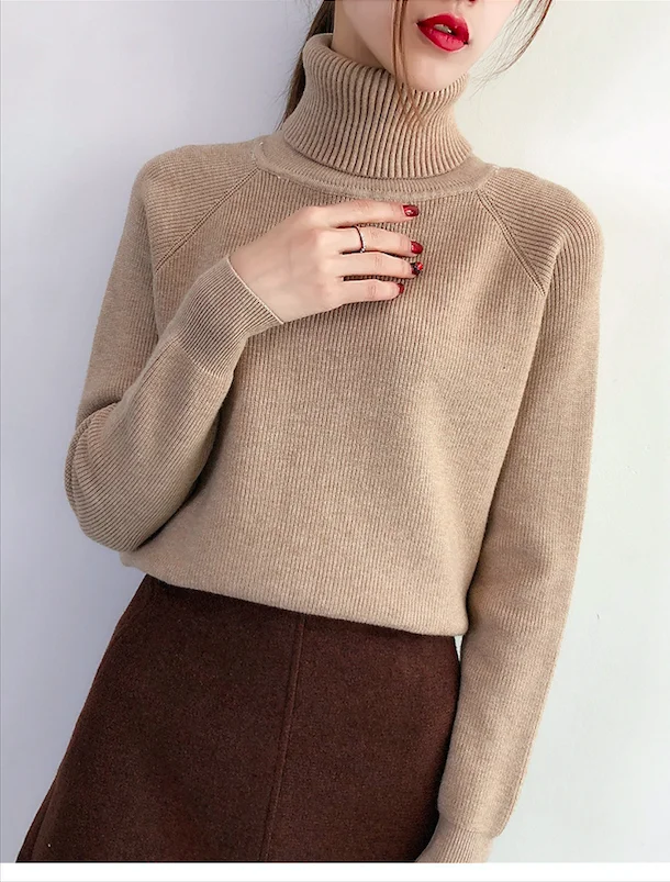 

Knitted Highneck Female Pullover High Quality Winter Think Yellow Beige Sweater For Women