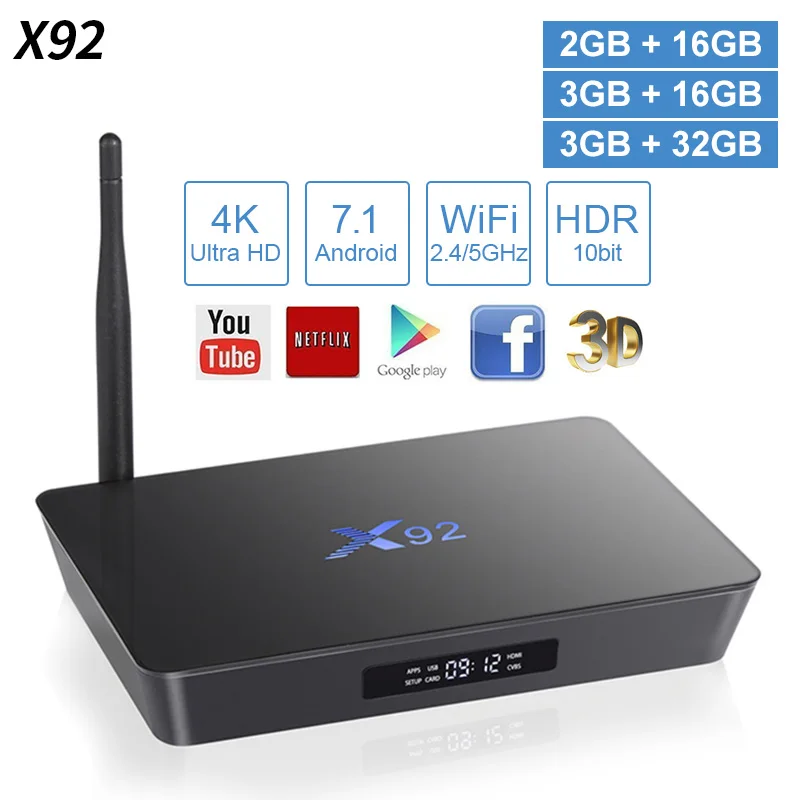 ТВ приставка X92 Android 7 1 2 ГБ/3 Гб 16 Гб/32 ГБ Восьмиядерный процессор Amlogic S912 KD16.1 4/5 ГГц
