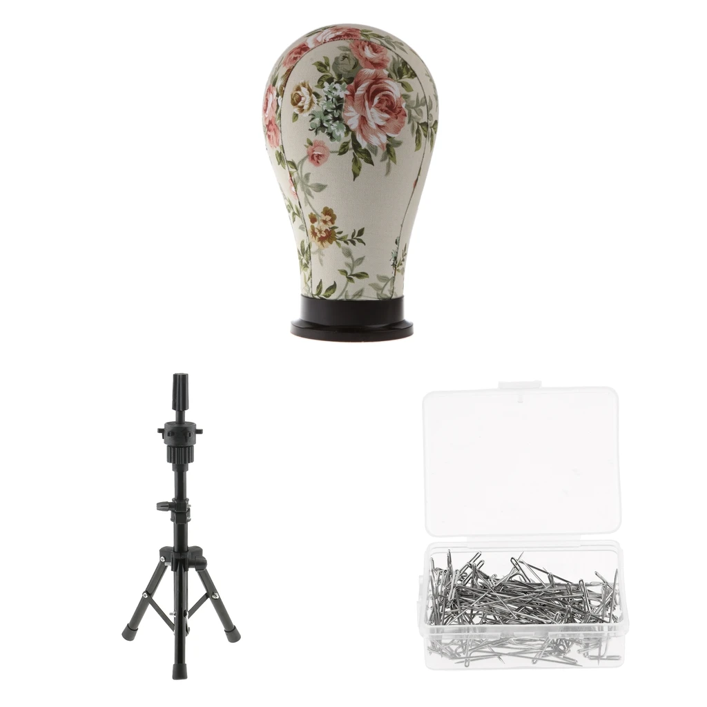 23'' Cork Canvas Block Head Wig Making Manikin Display Model with Heavy Duty Tripod Stand & 100pcs T Needles