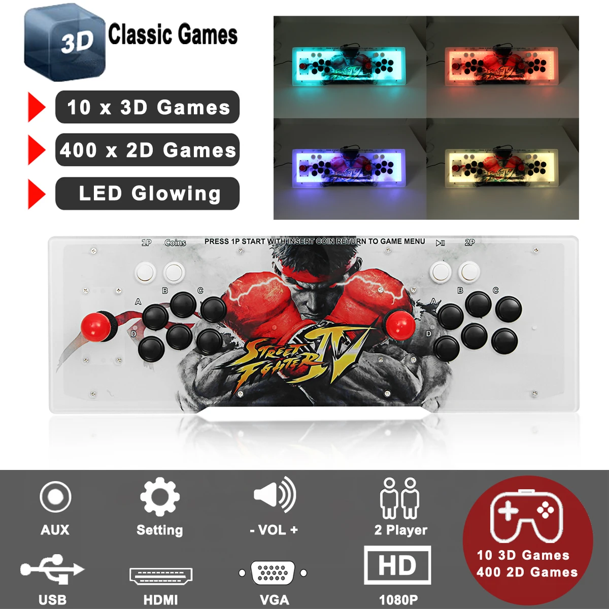 LED Box 10 types 3D + 400 types 2D Classic Game In 1 Arcade Game Console 2 Joystick Arcade Console Video Arcade Machine цена LED Box 10 types 3D + 400 types 2D Classic Game In 1 Arcade Game Console 2 Joystick Arcade Console Video Arcade Machine цены онлайн