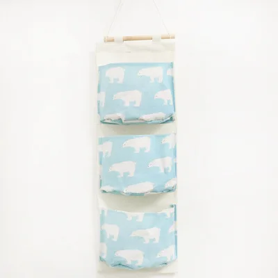 Креативные льняные хлопковые Водонепроницаемые Три кармана для хранения настенные Висячие мешочки сумки для хранения дома Декор - Цвет: Light blue bear