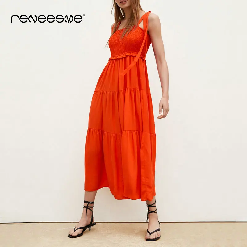 

reneesme women dress sleeveless bohemian bow tie spaghetti strap summer mid-calf ladies dresses fit and flare female vestidos