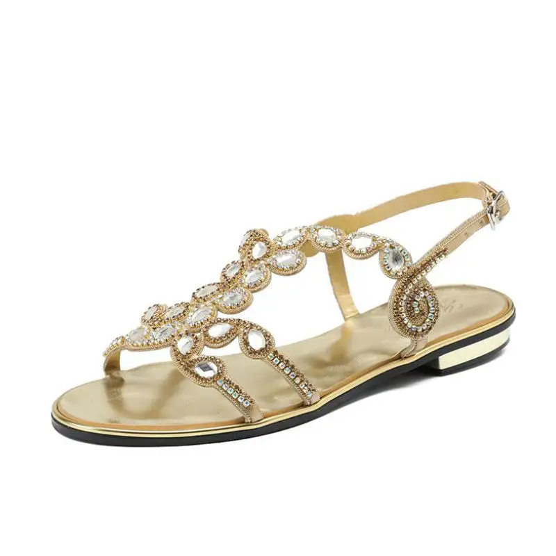 Gold Silver Black Summer Women Sandals Rhinestones Gladiator Sandals For Women Beach Flat 