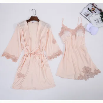 

Twinset Robe Set Satin Sleepwear Lady Kimono Bath Gown Flower Nightgown Sexy Home Clothes Intimate Lingerie Wedding Gift M-XXL