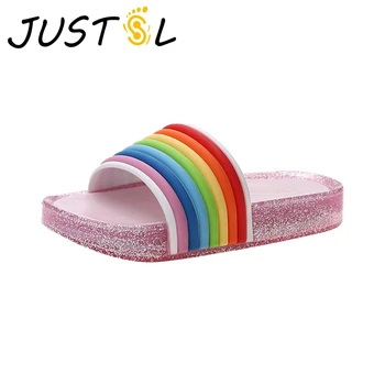 

Summer boy girl LED jelly rainbow slipper kids beach shoes children glowing slippers please buy according to the internal length